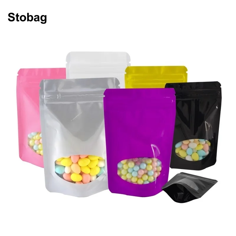 

StoBag 100pcs Color Food Packaging Ziplock Bags with Window Stand Up Sealed Storage for Candy Cookies Snack Reusable Pouches