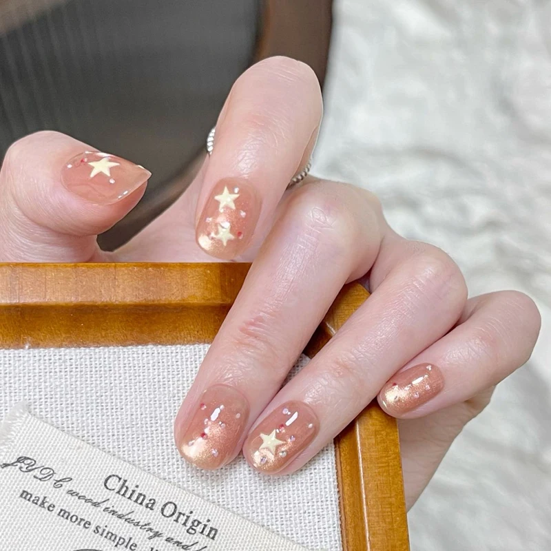 10 Stück Französische Kurze Ovale Aufklebenägel - Einfache Farbblock-Streifen & Stern-Designs Glänzende Mix-and-Match Künstliche Nägel – Detail 10