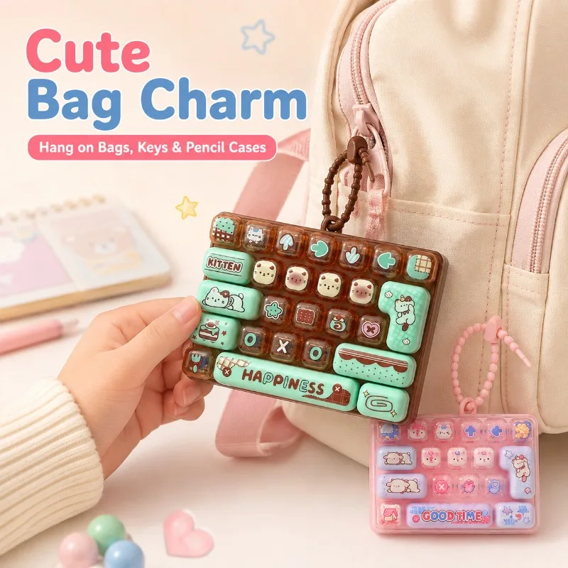26-Key Cartoon Keyboard Fidget Toy Keychain, Pressable Stress Relief Sensory Toy, Cute Bag Charm Backpack Pendant Kids Gift