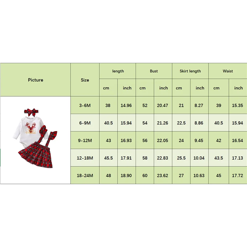 Toddler Baby\'s Clothes Girls Christmas Outfits Skirt Set Long Sleeve Elk Letters Print Romper Plaid Suspender Skirt Headband