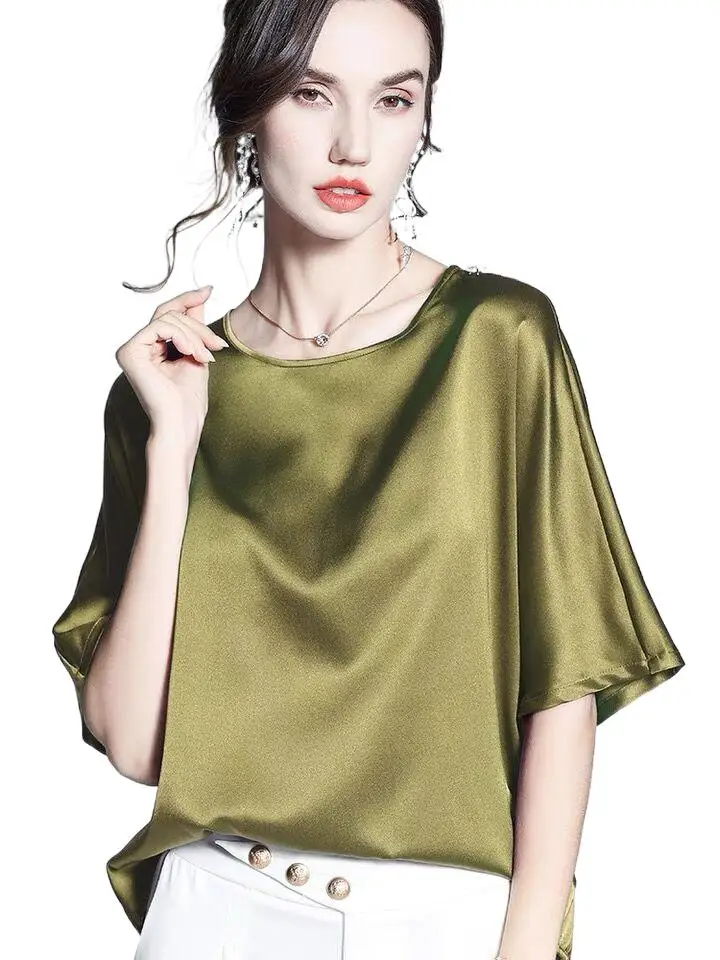 

Women Acetate satin blouses 2026 Spring Summer Women casual Ice Silk O-neck shirt tops half sleeve vintage Avocado Green blouse