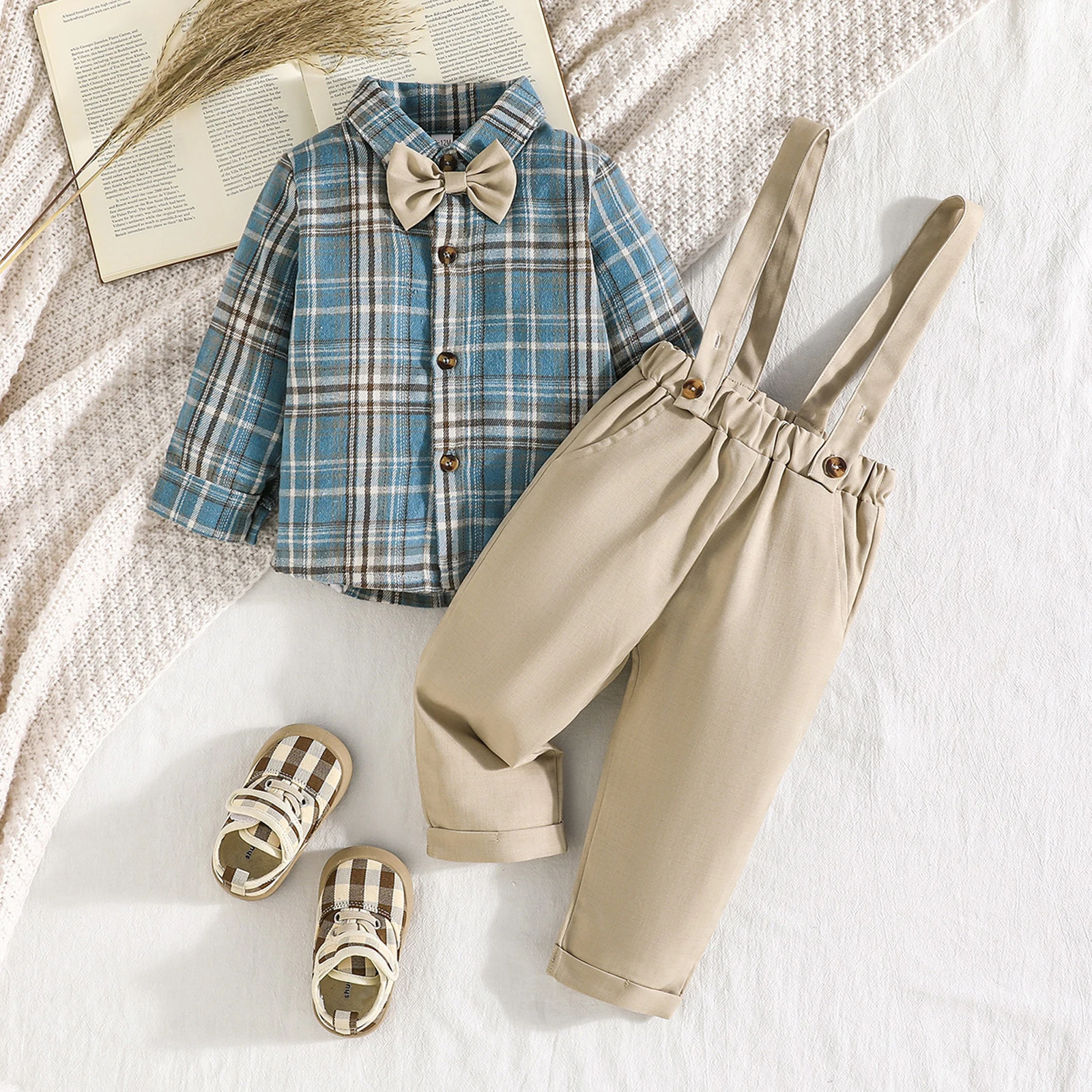 

Toddler Boys 2-piece Outfit Baby Boy Clothes Fashion Long Sleeve Lapel Plaid Shirt Tops Suspender Pants Fall Outfit
