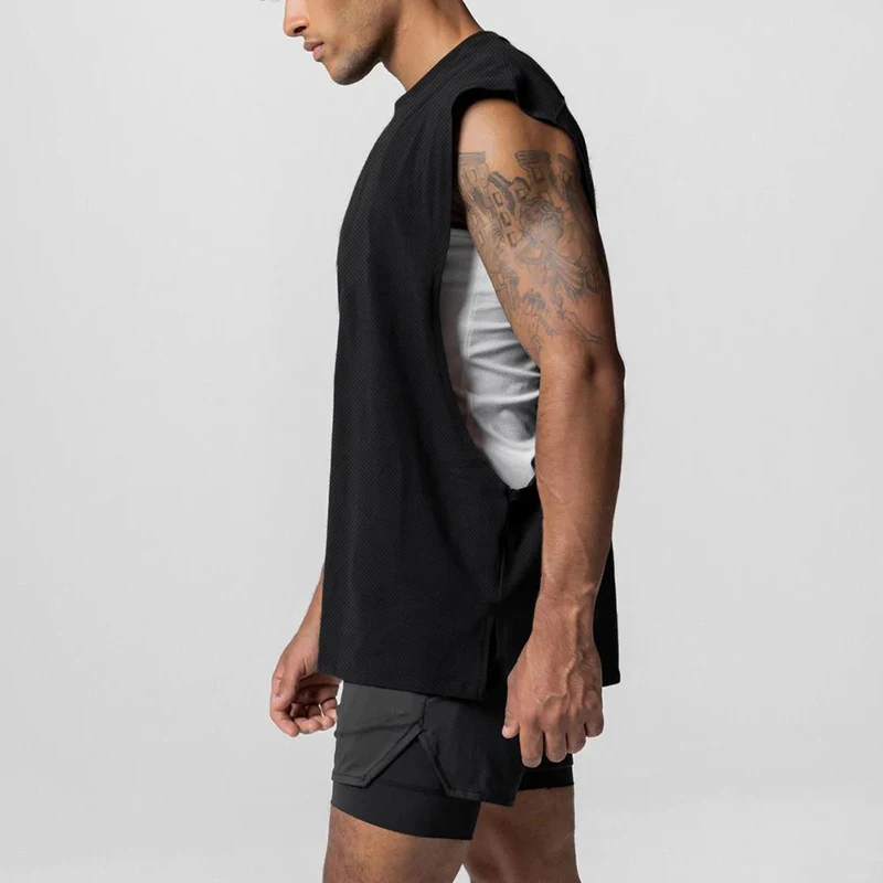 Men\'s Solid Color Running Sleeveless Tank Top Round Neck Moisture Absorbent Sweat Qucik Drying Cut Off Vest Summer Sports Shirt