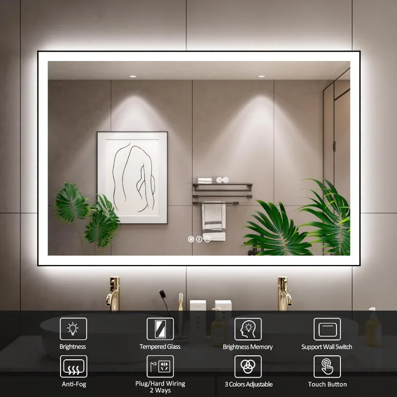 60x40 Inch LED Bathroom Mirror with Black Frame, Backlit and Front Lighted Bathroom Mirrors for Wall