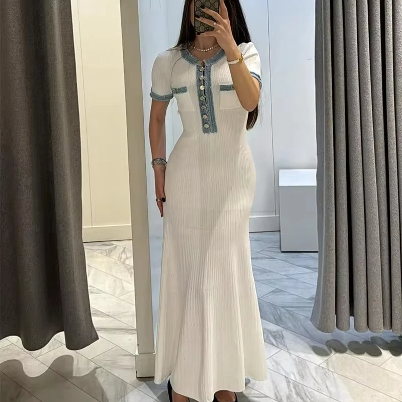 

Fashion Denim Patchwork O-neck Single Breasted Knit Maxi Dress Elegant Pockets Long Shirt Dress Vacation Robes