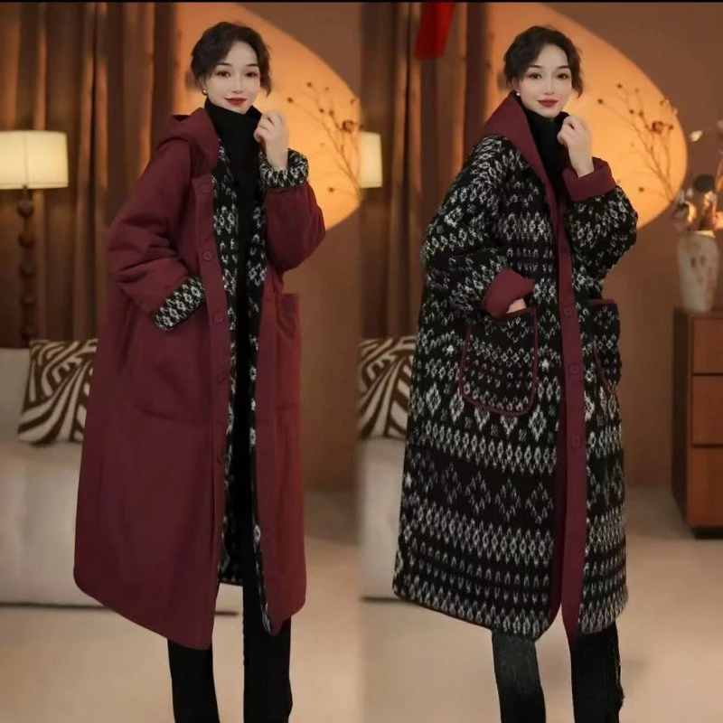 New Winter Fashion Casual Double-sided Cotton-padded Jacket High-end Lambskin Hooded Mid-length Retro Cotton-padded Jacket Women