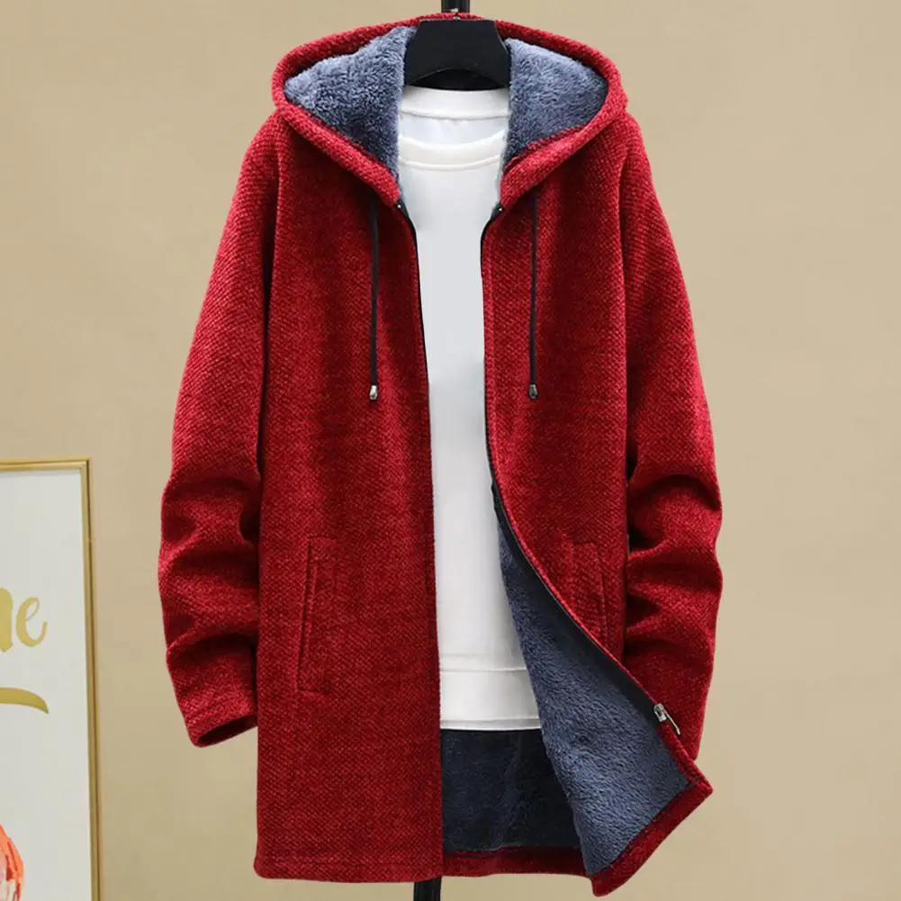 Men Winter Coat Hooded Drawstring Long Sleeve Plush Lining Mid-length Knitting Coat Zipper Placket Thickened Knitwear