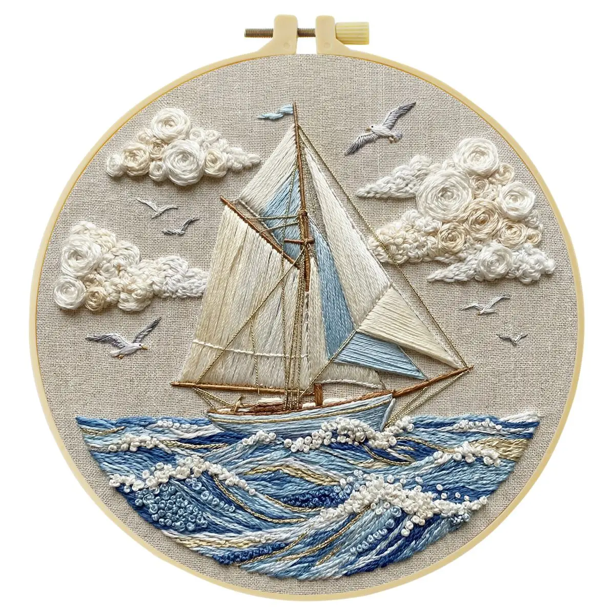 1 Stück 20X20CM/15X15CM 7,87/6,3 Zoll Wellen und Segelboote Stickerei-Starter-Kit DIY-Kit DIY-Stickerei-Set Handarbeiten Nadelkunst – Detail 4