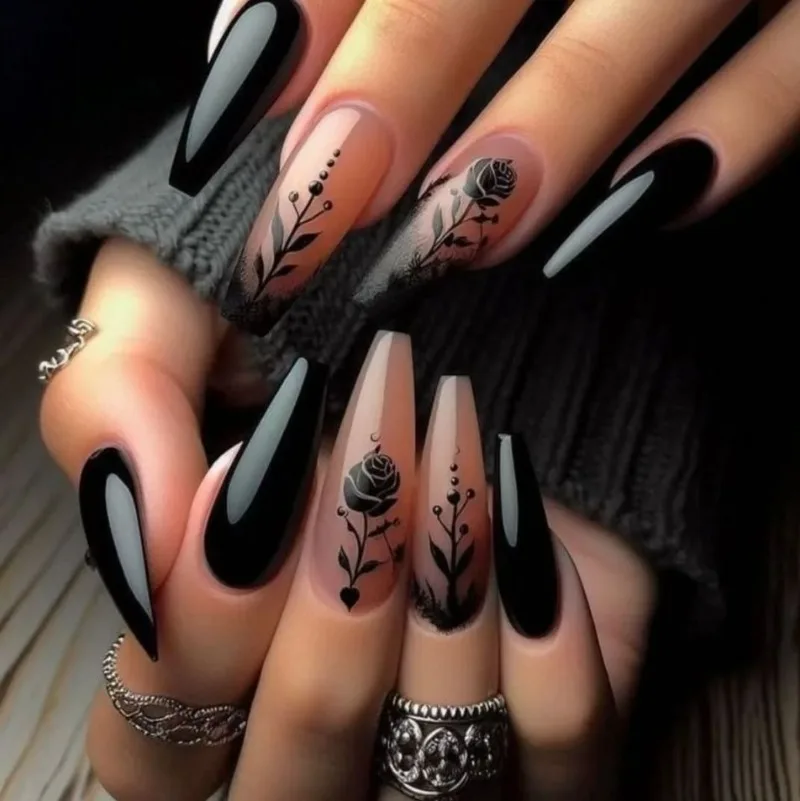 

24PCS Dark Black Rose False Nails Coffin Hot Girl Cool Style Pattern Branches Leaves Design Fake Nails Wearable Press on Nails