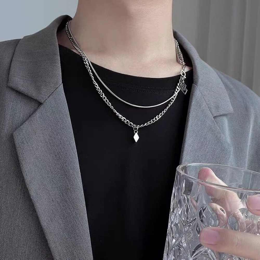 Trendy Hip hop Men's Personality Rhombus Cross Stainless Steel Double Layer Clavicle Chain Male Necklace Jewelry Gift