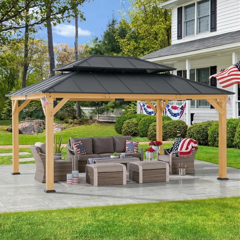 12 x 16 ft. Wood Gazebo, Outdoor Patio Hardtop Gazebo Cedar Framed Wooden Gazebo with 2-Tier Metal Roof, Suitable for Patios