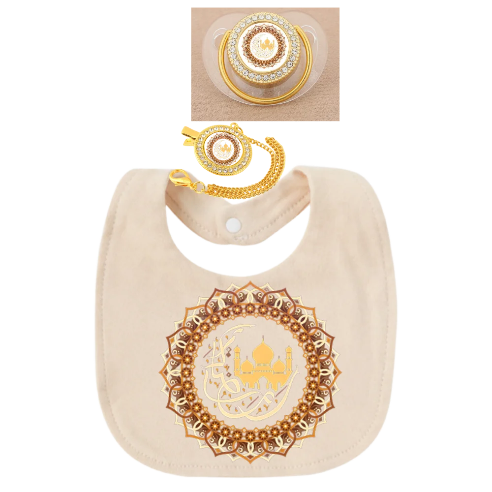 Islamic Pattern Newborn Pacifier Baby Chain Clip Toddler Drool Bib 3 Piece Set Ramadan Eid Muslim Print Soother Dummy Silicone