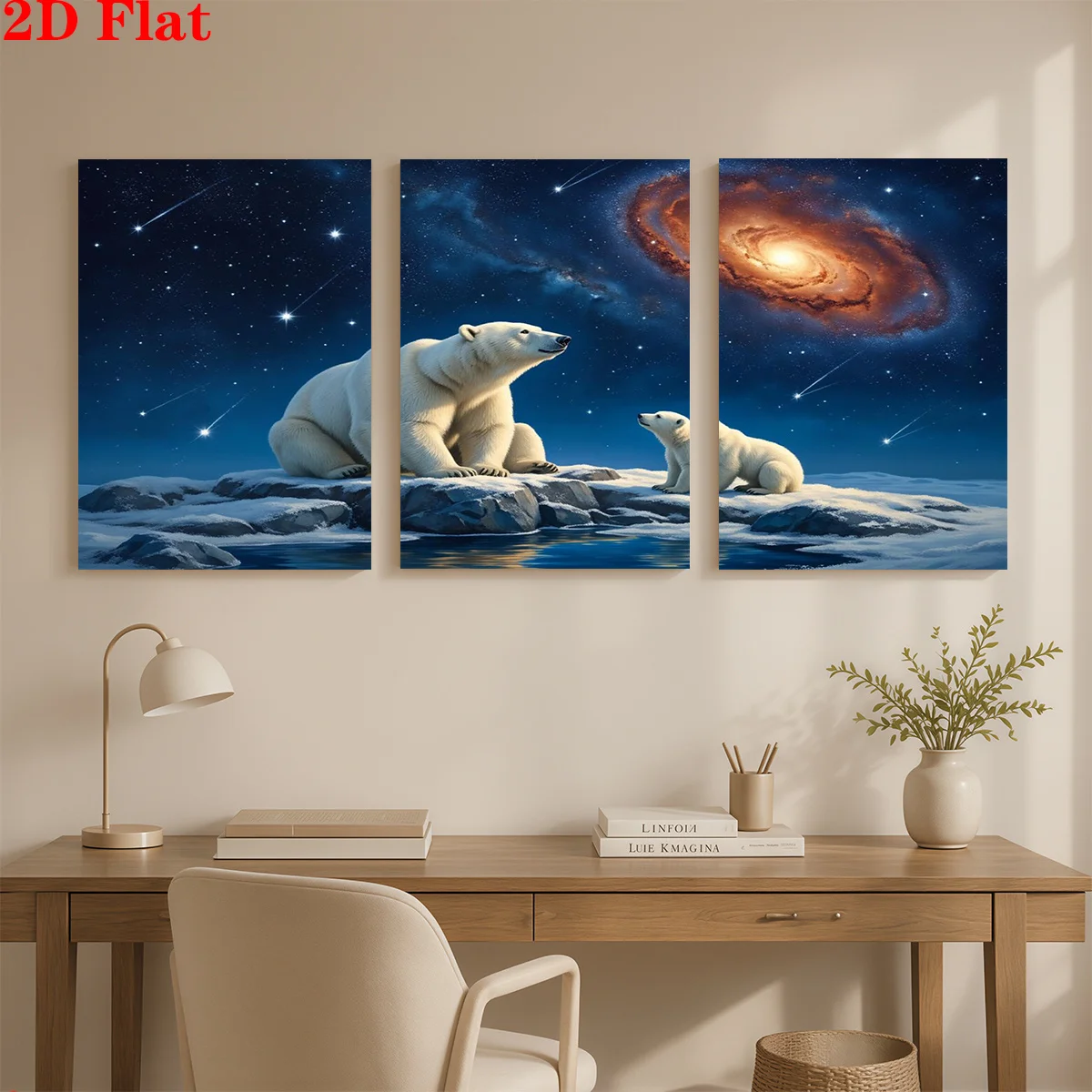 Frameless Canvas 2D 3pcs Canvas Art Wall Hanging- Two Polar Bears Gaze At Galaxy. Suitable For Decorating Offices, Dining Ro