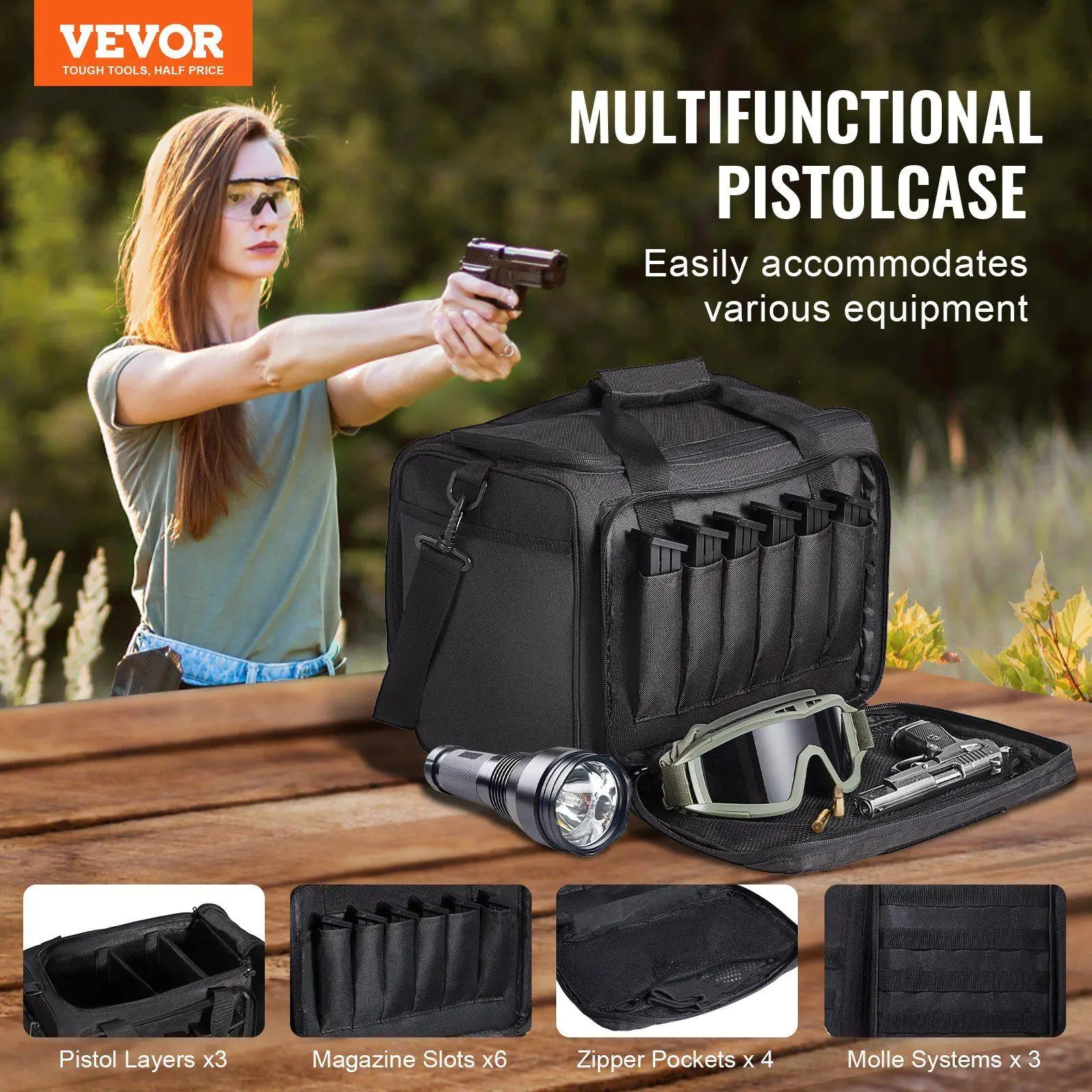 Bolsa durável para alcance de pistola, capacidade de 3 pistolas, 6 bolsas magnéticas, 14,2x12,2x10,2 pol. 600D, painéis molle de poliéster, zíperes com fechadura