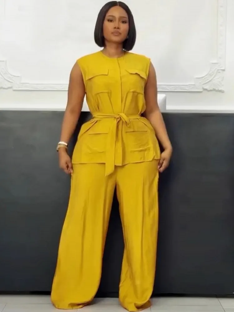 

2 Piece Women Set Summer Autumn Sleeveless Shirt Blouse Top And Pants Suits Outfits Fashion Office Lady Matching Sets Outfit