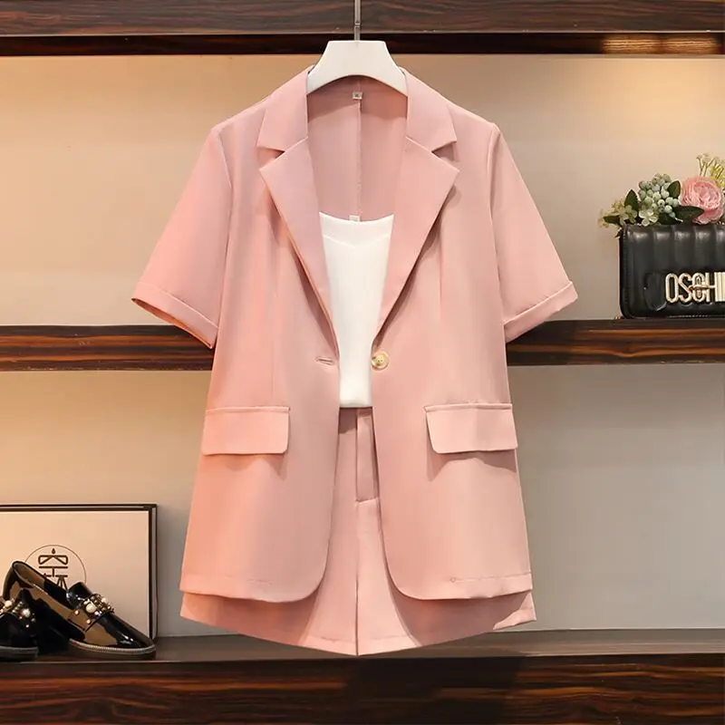 Fashionable Women\'s Set 2024 Korean Spring/Summer Slimming Thin Western Suit Coat Casual Shorts Three Piece Set