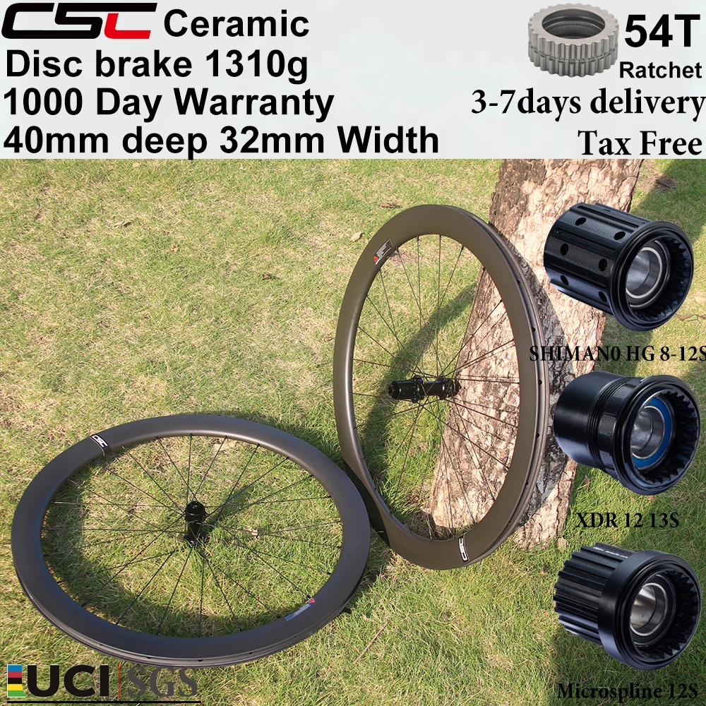 Roues de vélo de gravier en carbone CSC 1310g 700C, frein à disque Center Lock, moyeu céramique à cliquet 54T, profondeur 40 mm, largeur 32 mm, jeu de roues en carbone.