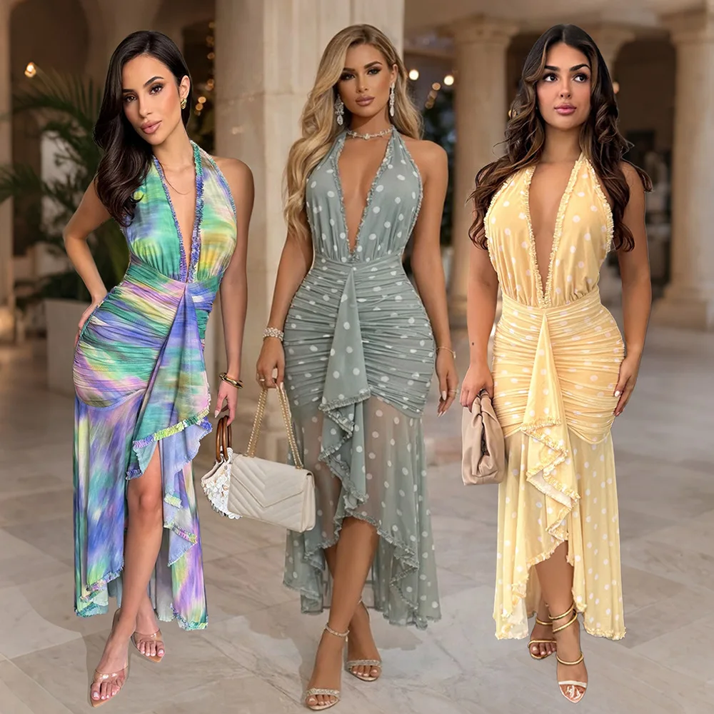 

Halter V Neck Polka Dot Dress 2026 Women Summer Holiday Sexy Clothes Luxury Elegant Bodycon Maxi Party Club Mesh Pleat Dress