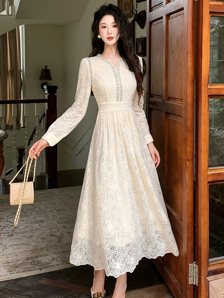 ชุดเดรสยาวสไตล์หวานแบบแฟรี่คอร์สำหรับผู้หญิง เสื้อผ้าผู้หญิงหรูหรา ผ้าลูกไม้โปร่งปักลายเพชร ชุดราตรีงานเลี้ยง ชุดออกงาน ชุดฤดูใบไม้ผลิ