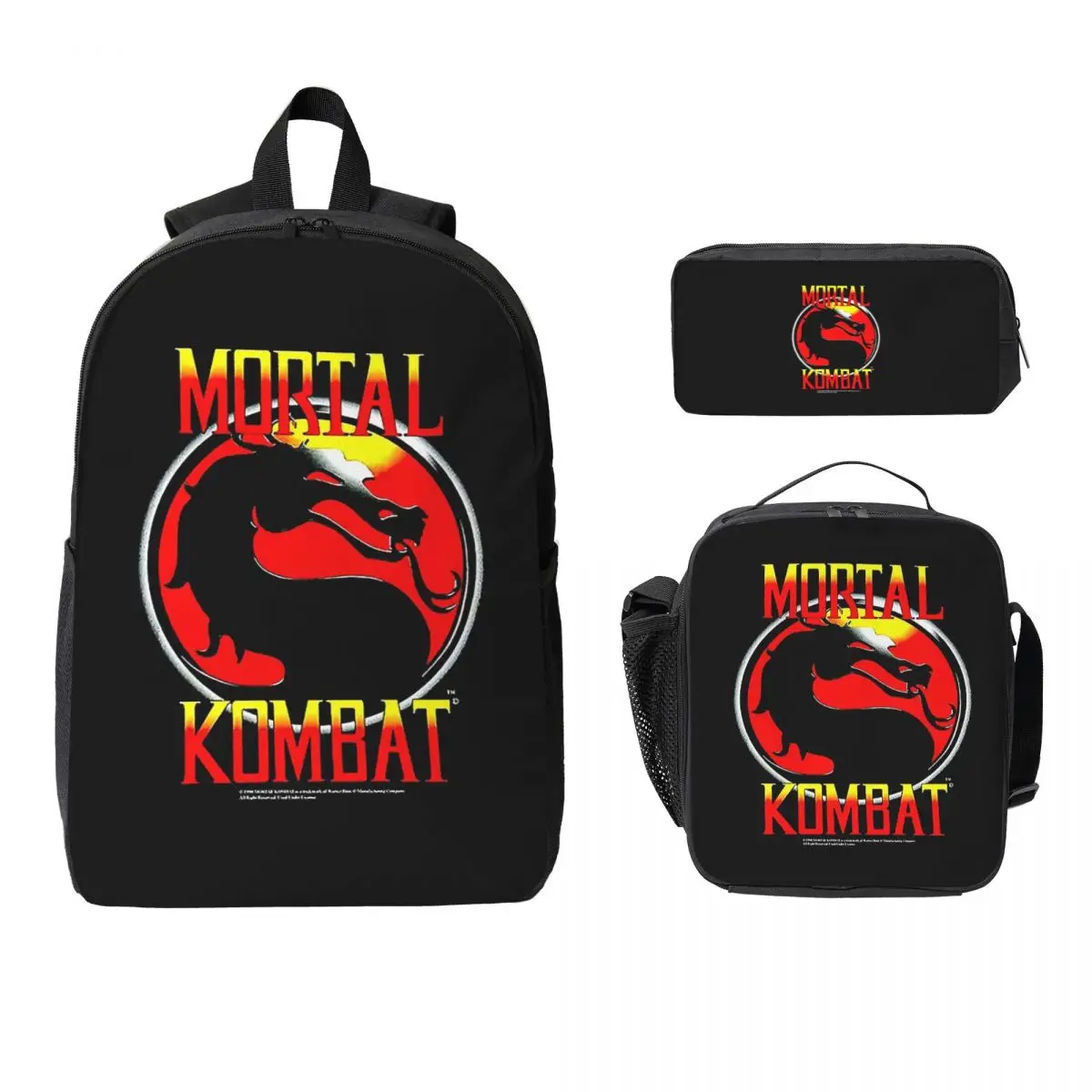 

Рюкзак Mortal Kombat, студенческая сумка для книг для мальчиков и девочек, школьная сумка, компьютерные сумки на плечо, 3 шт., изолированная сумка для обеда, пенал