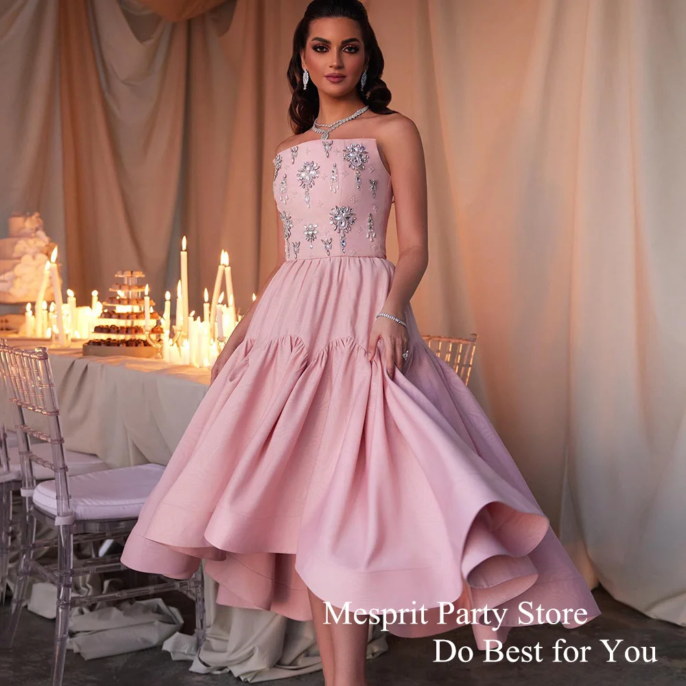 Luxury Beads Evening Dress Strapless Sleeveless Rhinestones A Line Tea Length Pink Satin Cocktail Party Gown Prom Dresses