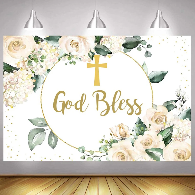 

God Bless Backdrop My First Communion Girls Boy Baptism Baby Shower Holy Christening Photography Background Banner