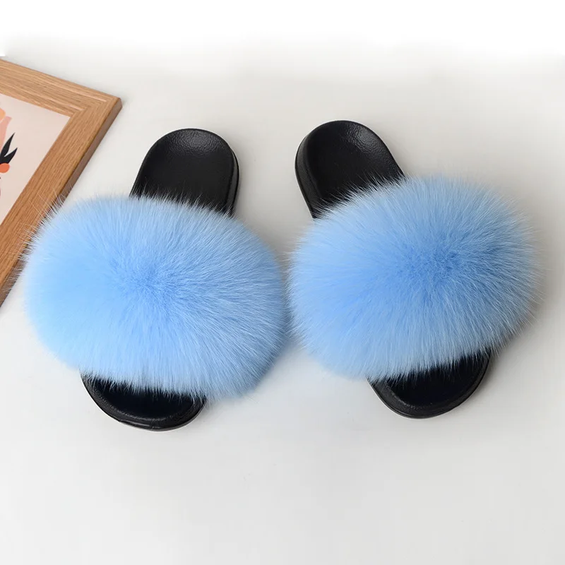 Real Fox Fur Slippers For Women Casual Fluffy Non-Slip Slippers Ladies Shoes Large Size Fur Slides Outdoor Plush Fur Slippers