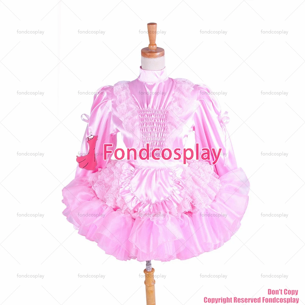 fondcosplay adult sexy cross dressing sissy maid Lockable Uniform baby Pink Satin-lace Dress Cosplay Costume CD/TV[G1407]