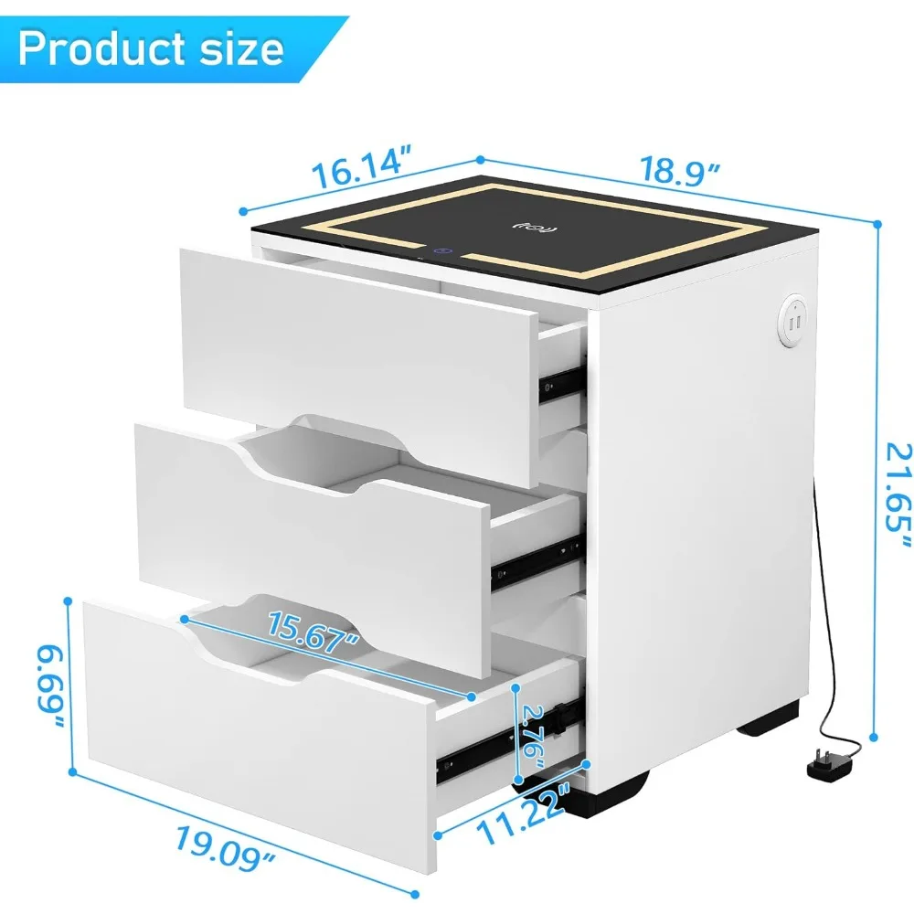 Nightstand with Wireless Charging Station & Adjustable LED Lights, High Gloss End Table with 3 Drawers, Nightstands