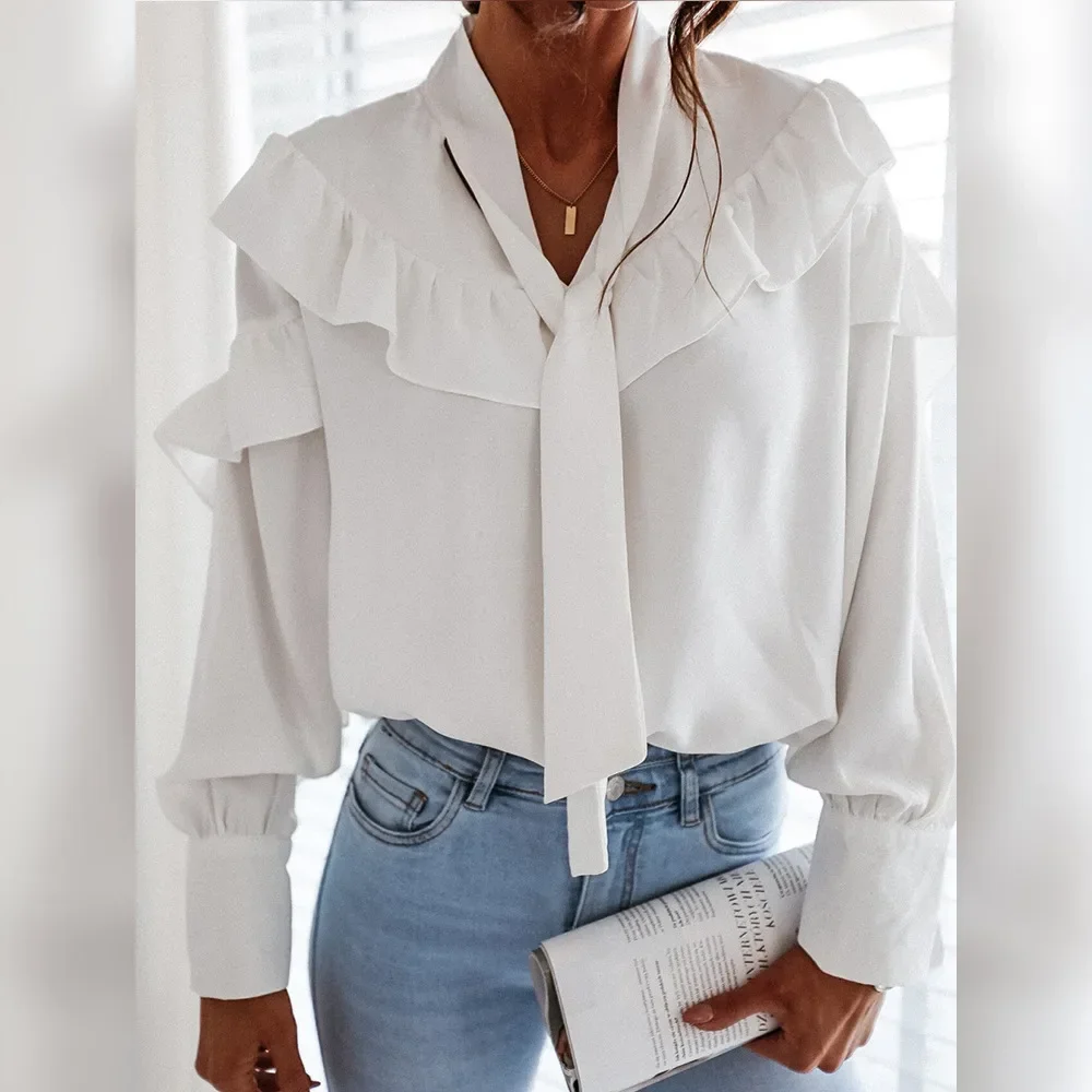 

Summer Ruffle Long Sleeve Loose Women's Shirts Lace Up V-neck White Female Shirt 2024 summer Simple Elegant Office Lady -CH44