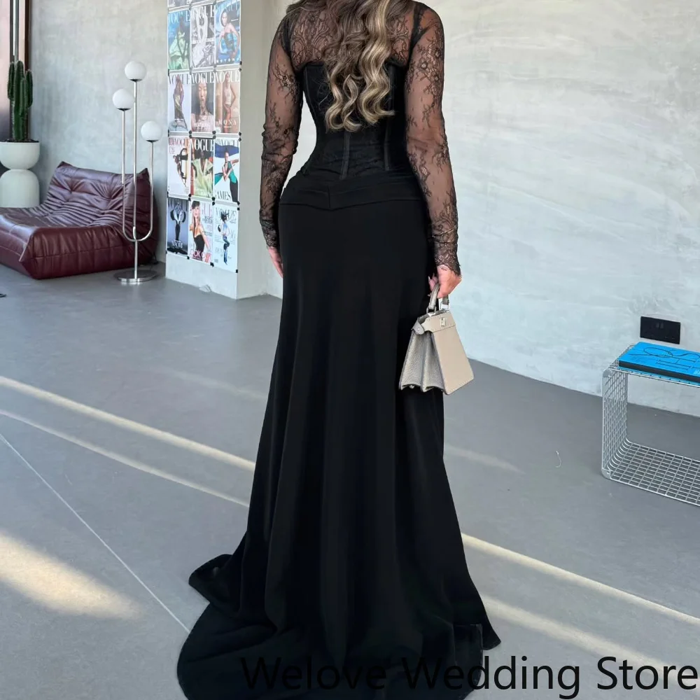 Customized High Neck Long Sleeve Lace Evening Gown Sheer Floral Lace Sleeve Hollow Cutout Chest Structured Corset Waist Flowy
