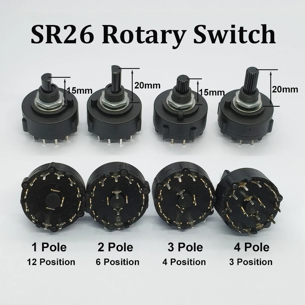 2 Stück SR26 1 2 3 4 Pol 3 4 6 12 Position Wählbarer Bandgetriebe-Drehkanalwahlschalter, Grifflänge 15 / 20 mm – Detail 1