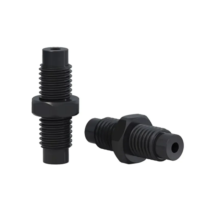 Black PPS material external thread adapter 1/4-28 UNF high strength chemical resistance