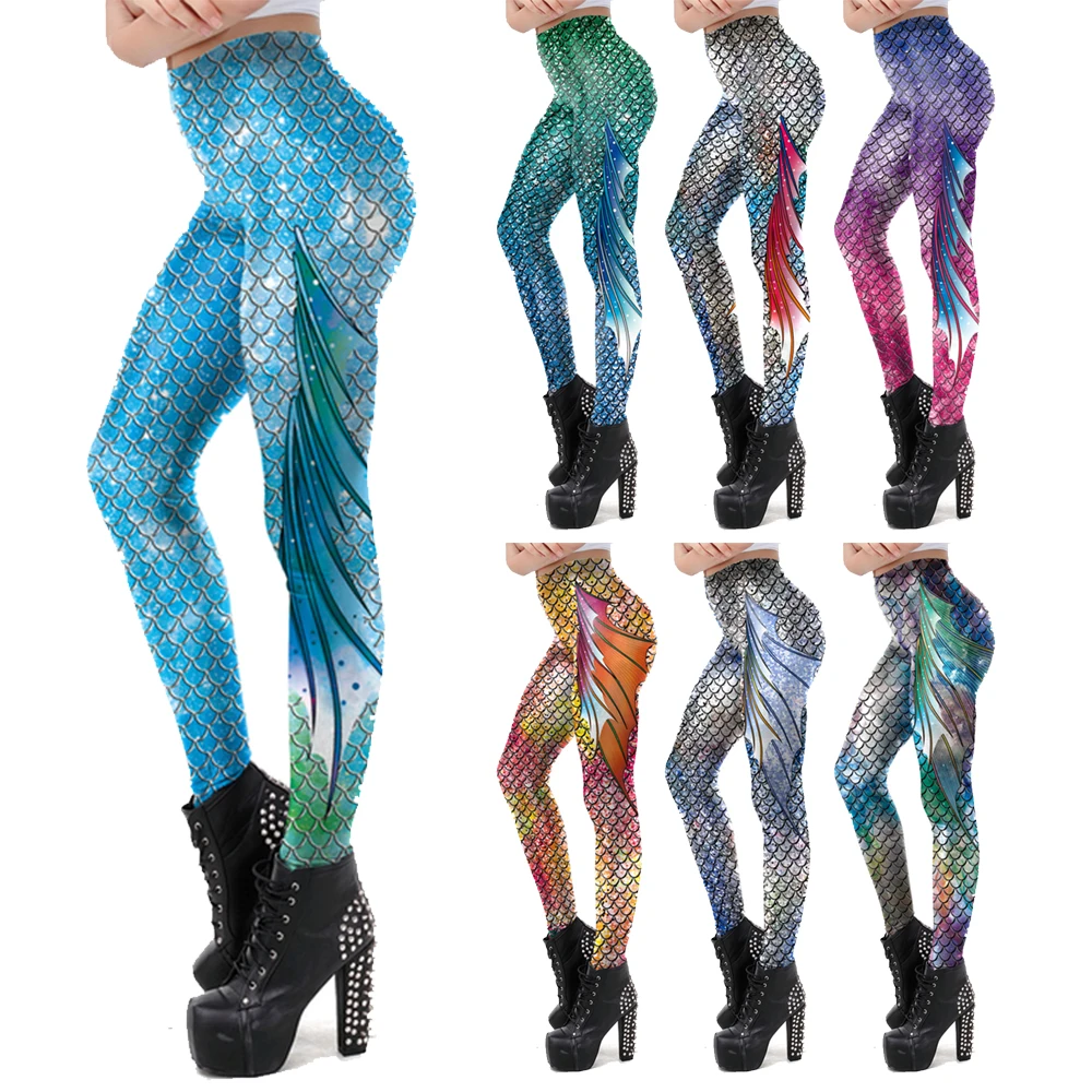 VIP FASHION Leggings for Women Fitness Sport Mermaid with Printed Fish Scales Shiny Leggings Workout Elasticity Lggins