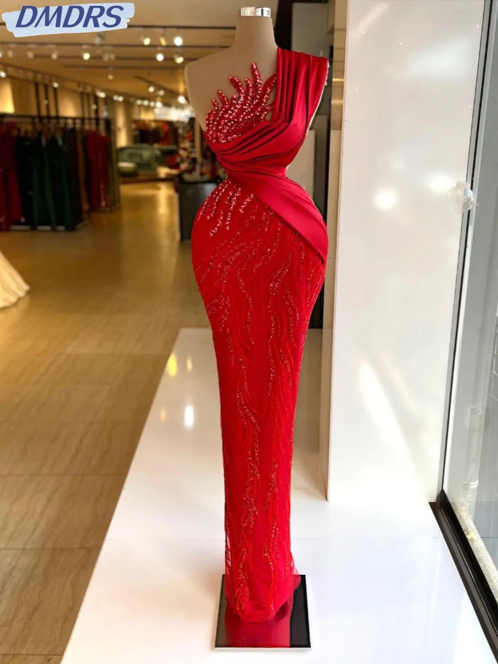 Modern One Shoulder Cocktail Dresses Sparkly Sequins Beads Evening Dress Graceful Red Straight Long Prom Gown Robe De Mariée