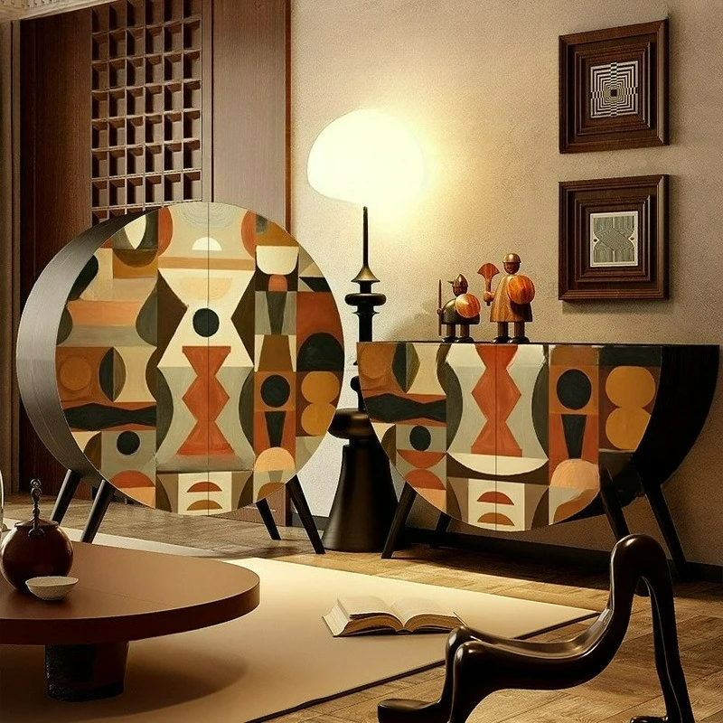 

French art geometric round cabinet solid wood living room storage decorative cabinet entry porch storage side stand cabinet