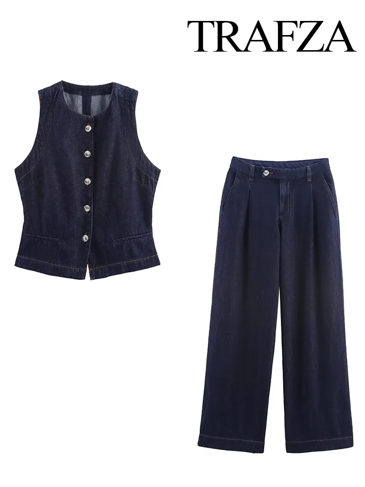 

TRAFZA Women Summer Pockets Denim 2-Piece Set Chic O-Neck Sleeveless Single-breasted Top Vest+Mid-Waist Solid Wide-leg Pants