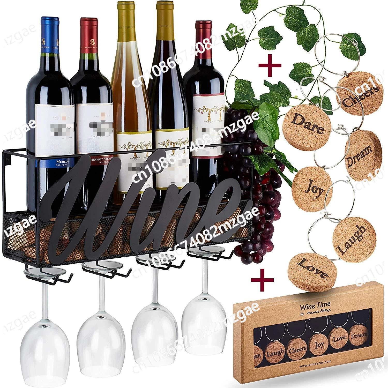 

European wall-mounted wrought iron wine rack Wine rack with 4 hooks for goblets