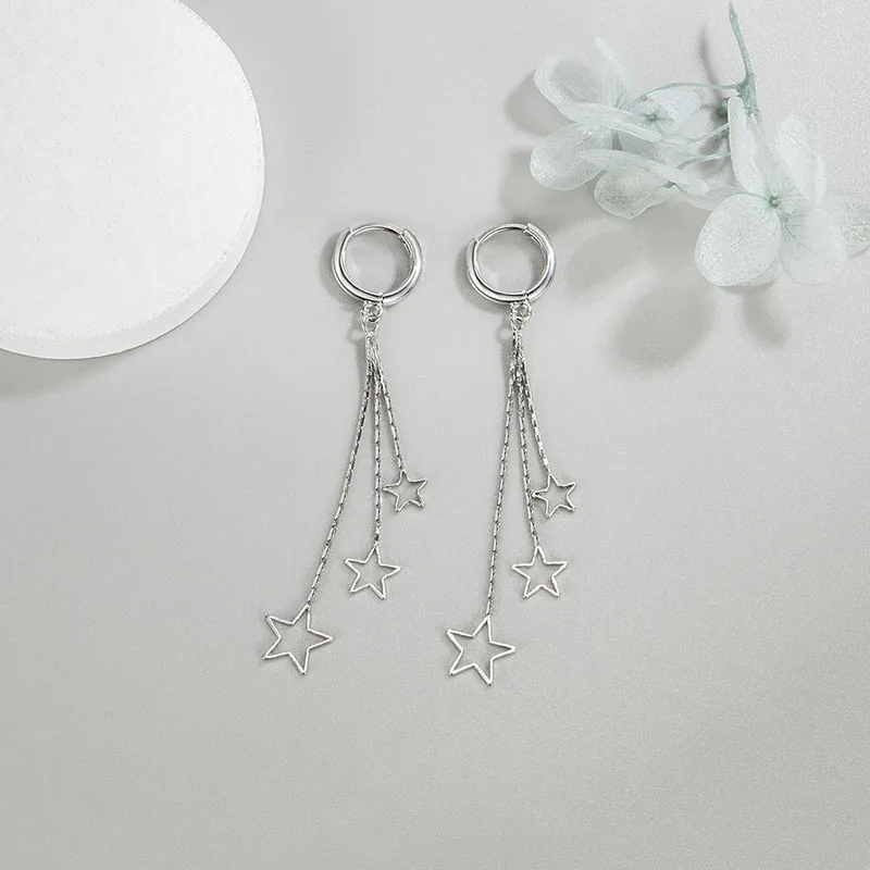 KOFSAC Elegant Popular Three Stars Hoop Earrings For Women 925 Sterling Silver Party Jewelry Beautiful Long Tassel Earring