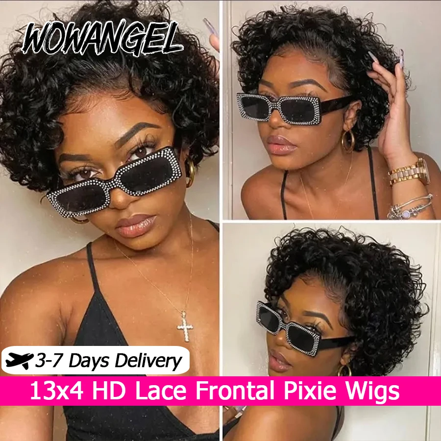 Wow Angel court bouclés coupe lutin perruques 13x4 HD dentelle frontale perruques cheveux humains 250% Jerry bouclés dentelle avant perruques peaux fondu Bob perruques