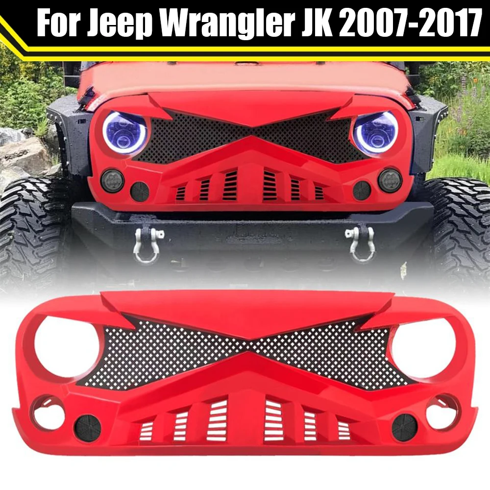 Red Knight Style Grille For Jeep Wrangler JK 2007-2017 Car Grill Racing Grills Front Bumper Mesh Modified Mask Trim Upper Grid