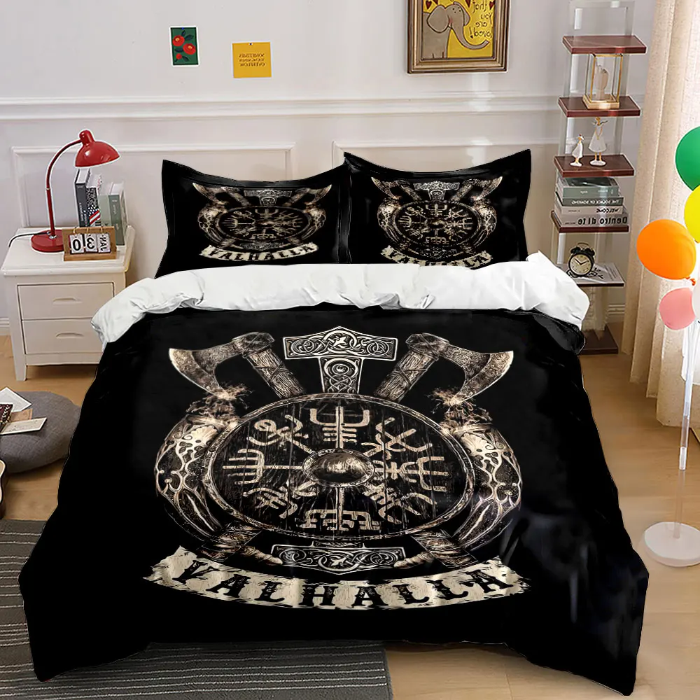 Viking shield with crossed axes design Print Bedding Set 1 Duvet Cover 2 Pillowcases for Adult and Children Luxury Gift