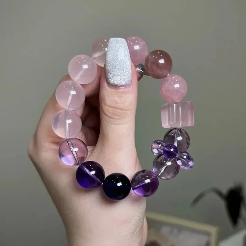 Natural amethyst gradual change powder crystal transparent white crystal bracelet light luxury design sense niche beaded