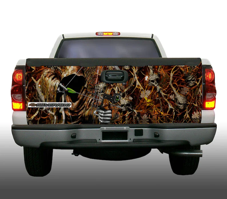 Bow hunting grim reaper obliteration human skull blaze camouflage tailgate wrap vinyl graphic decal