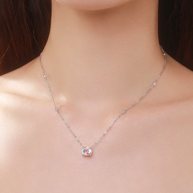 925 Sterling Silver Oval Cut Colorful Zircon Female Pendant Luxury Link Chain Necklace For Women Accessories Fine Jewelry