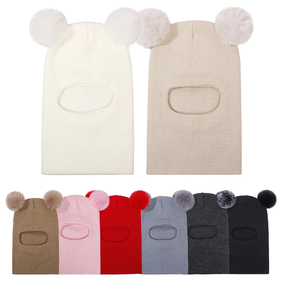 

Christmas Gift Kids Autumn Winter Pullover Hat Children's Double Ball Ear Protection One-piece Hats Baby Yarn Knit Cap Balaclava