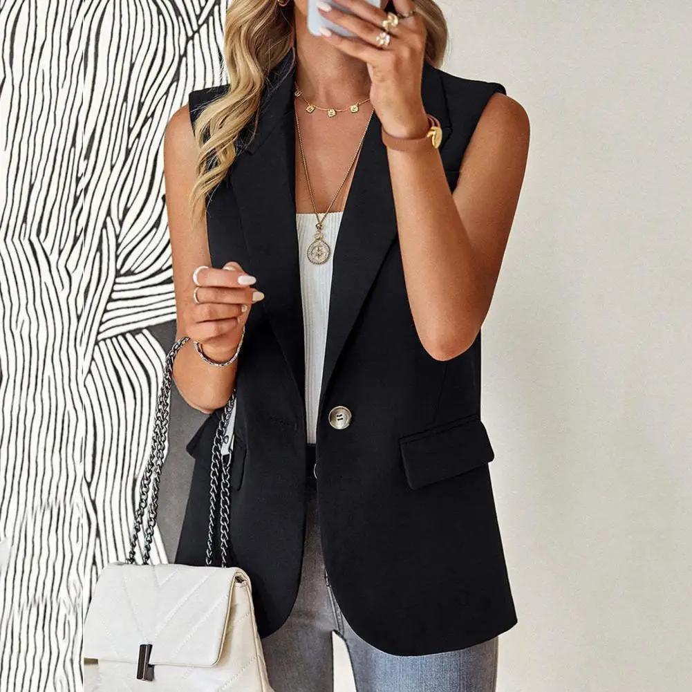 Women Spring Summer Suit Waistcoat Lapel Sleeveless Flap Pockets Suit Coat Solid Color Single Button Placket Vest Coat