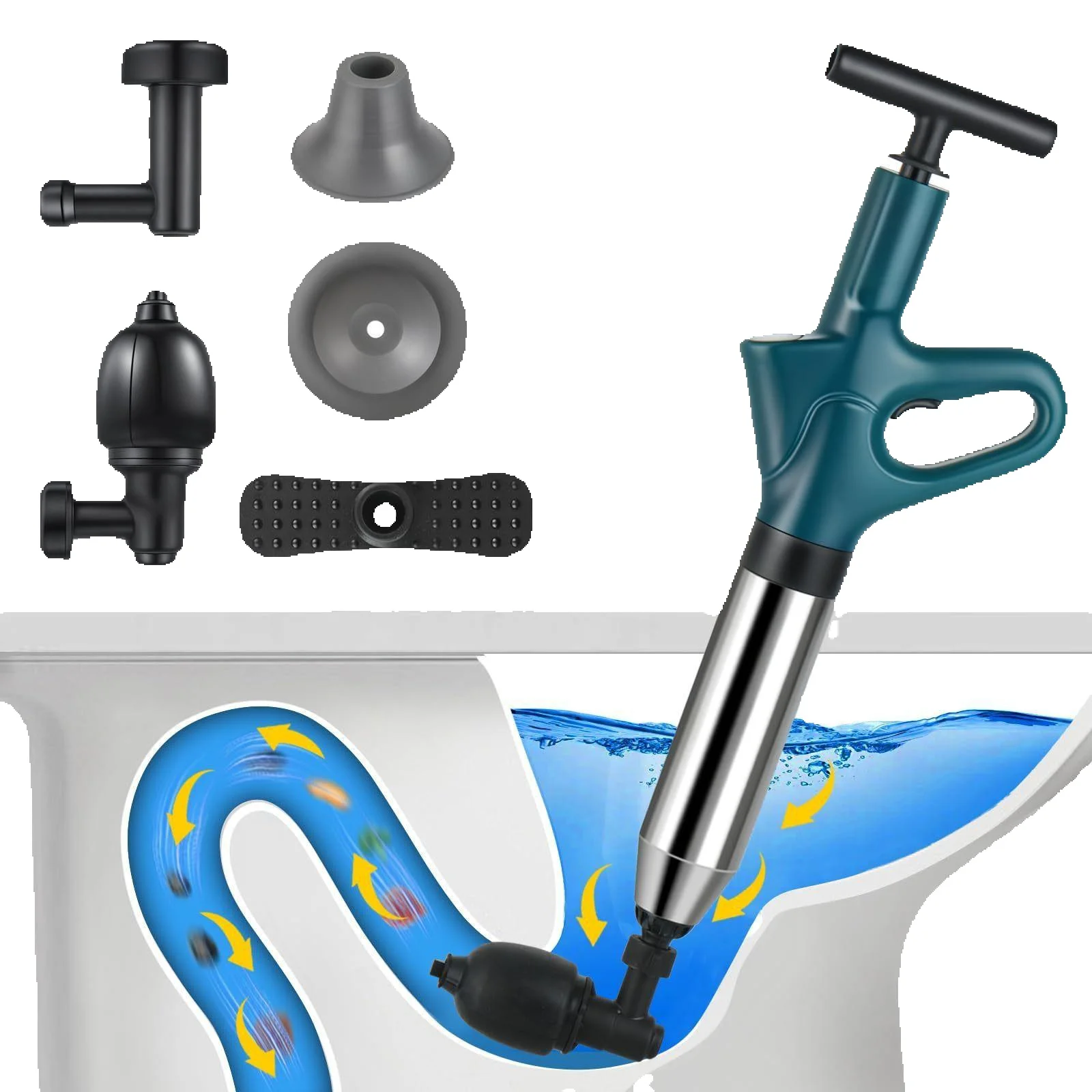 1 Set Toilet Plunger Drain Unblocker Green, High-Pressure Stainless Steel Plunger for Sink Floor Drain Clogs, Heavy Duty Pipe Cleaning Tool for Bathroom Kitchen, Gift for Home Maintenance DIYers