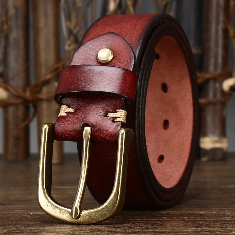 Vintage Cowhide Belt with 3.8CM Wide Copper Buckle for Men