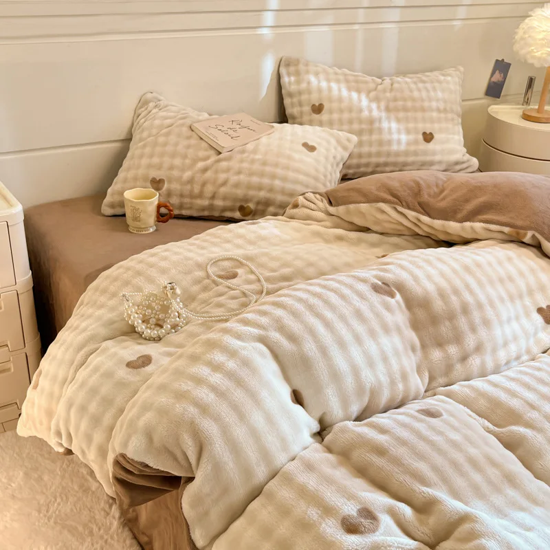 

Winter Bubble Milk Fleece Warm Thickened Bedding Set Four Piece Duvet Cover 240x220 Bed Linen 160x200 King Queen Sheets Coverlet